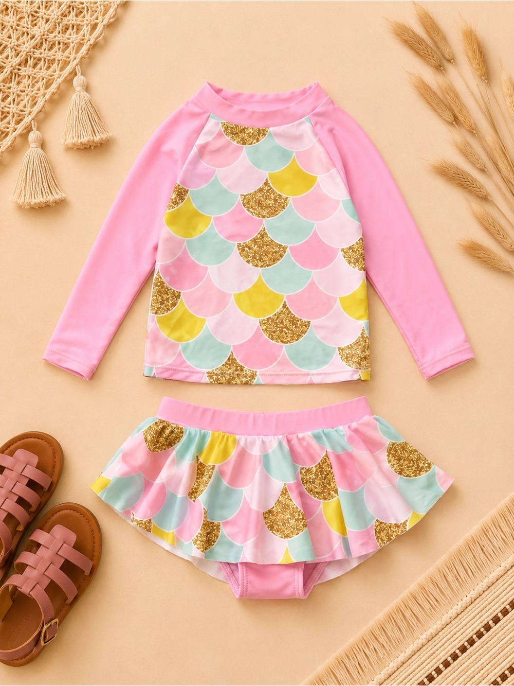 Girls Pink Mermaid Scale Rash Guard Set with Skirted Bottom